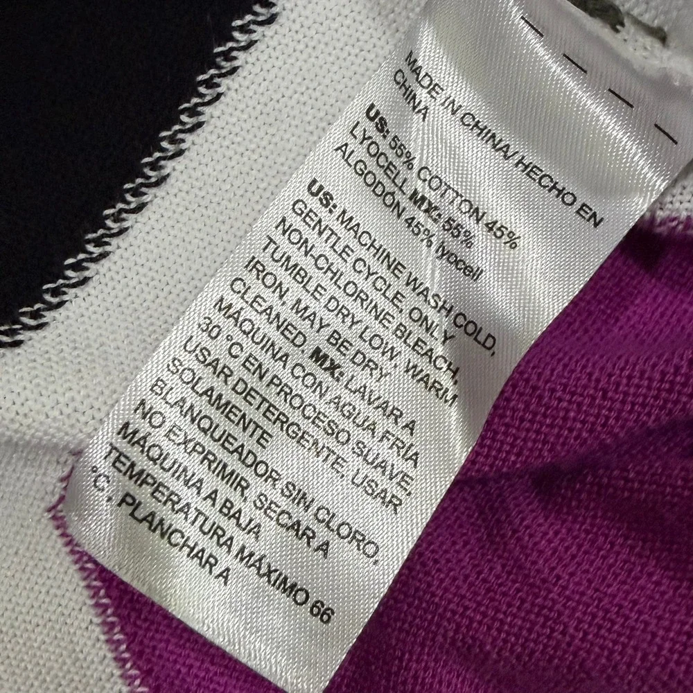 Chicos Knit Top Womens 2 L Purple Black Geometric Cap Sleeve Cotton Blend Mod